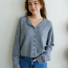 Front portrait of model wearing the Hailey Button Down Cardigan (Piper Cardigan) in heather grey