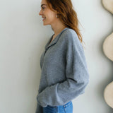 Side view of the Hailey Button Down Cardigan in heather grey showing relaxed fit