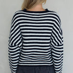 Back view of the Piper Cardigan in navy striped showing classic silhouette