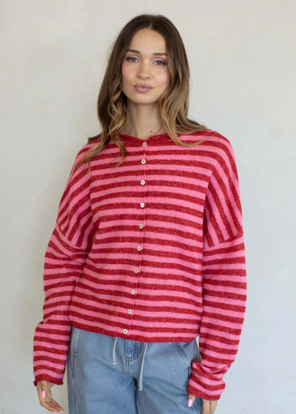 Things Between Piper Cardigan Striped Red Combo - front view