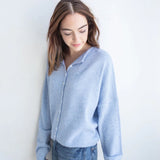 Model is wearing Hailey Button Down Cardigan – Sky Blue (also known as the Piper Cardigan) - side view