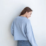 Model is wearing Hailey Button Down Cardigan – Sky Blue (also known as the Piper Cardigan) - back view