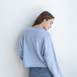 Model is wearing Hailey Button Down Cardigan – Sky Blue (also known as the Piper Cardigan) - back view
