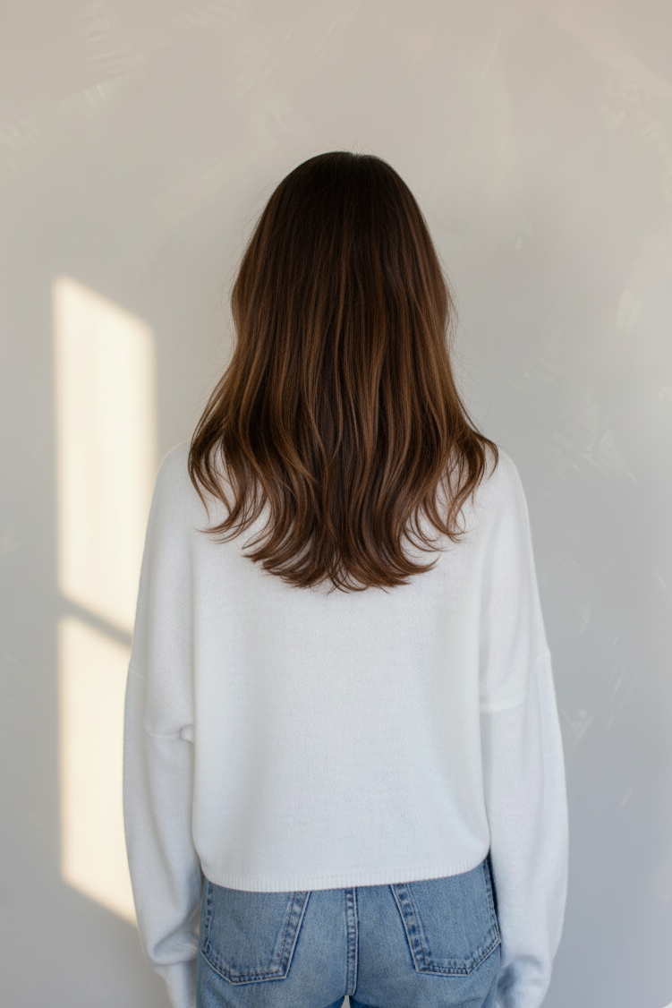 Back view of the Hailey Button Down Cardigan (Piper Cardigan) in white showing relaxed fit