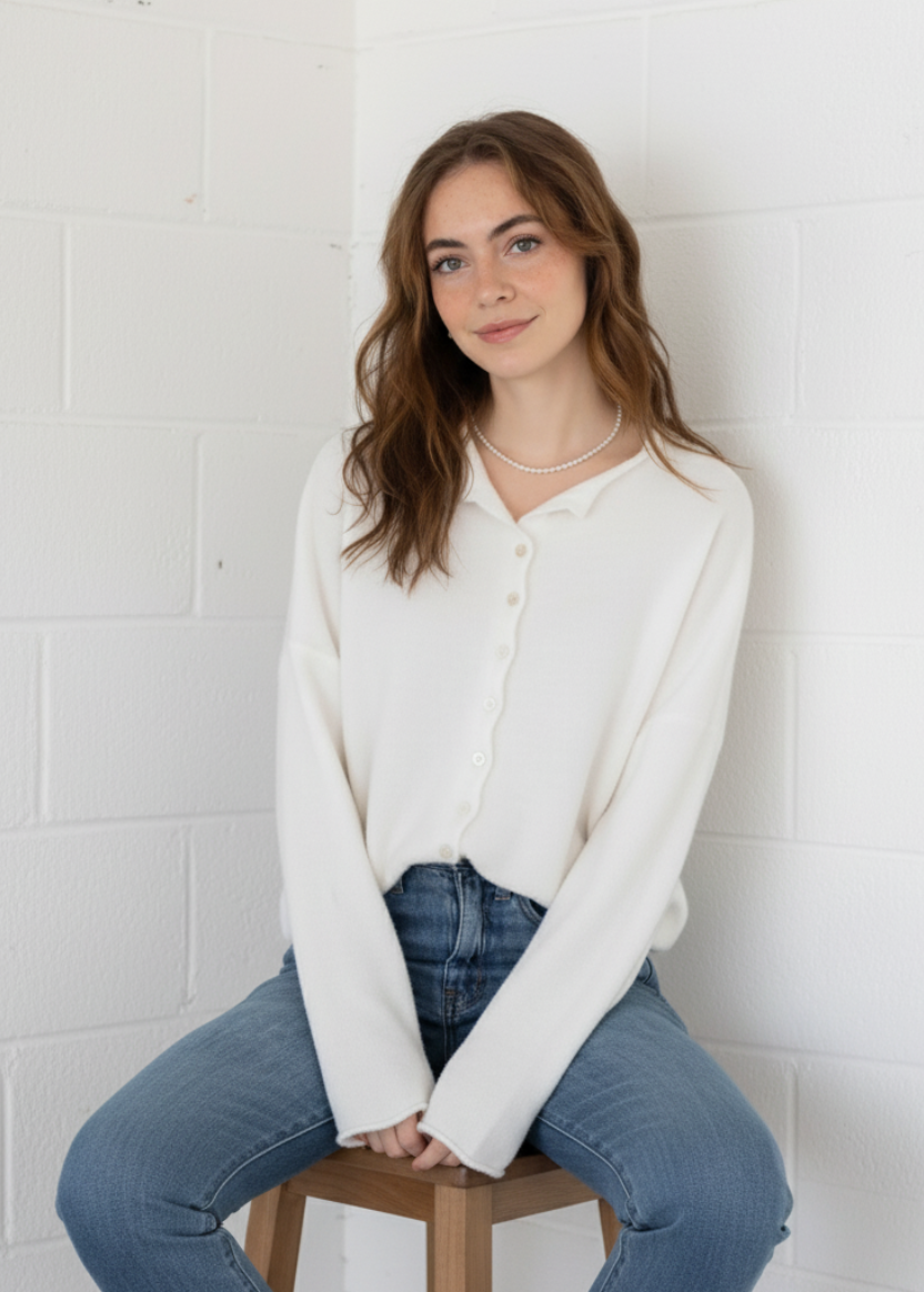 Front portrait of model wearing the Hailey Button Down Cardigan (Piper Cardigan) in white / off-white