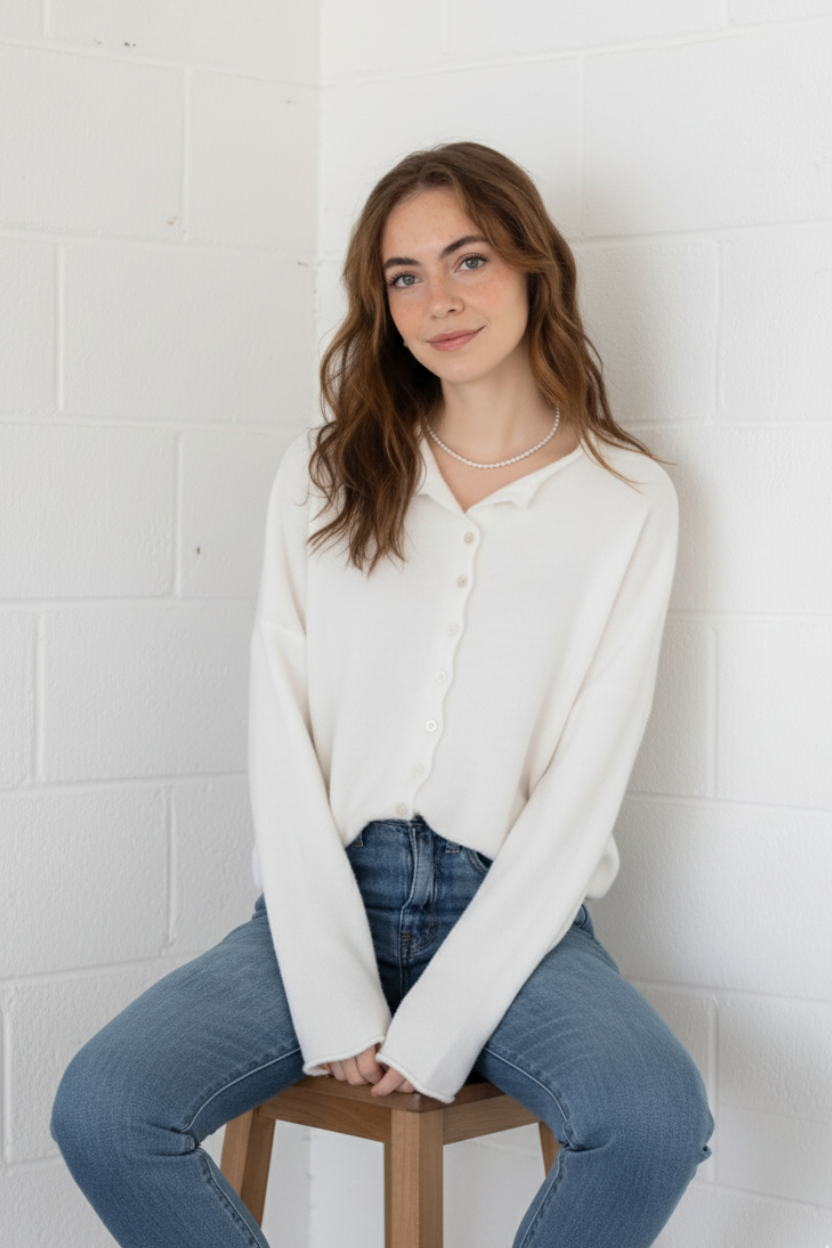 Front portrait of model wearing the Hailey Button Down Cardigan (Piper Cardigan) in white / off-white