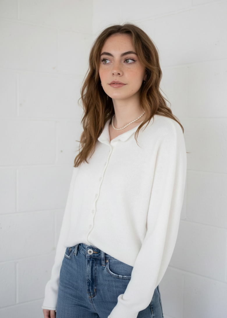 Relaxed front view of the Hailey Button Down Cardigan (Piper Cardigan) in soft white showing drape