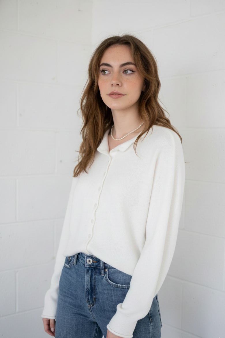 Relaxed front view of the Hailey Button Down Cardigan (Piper Cardigan) in soft white showing drape