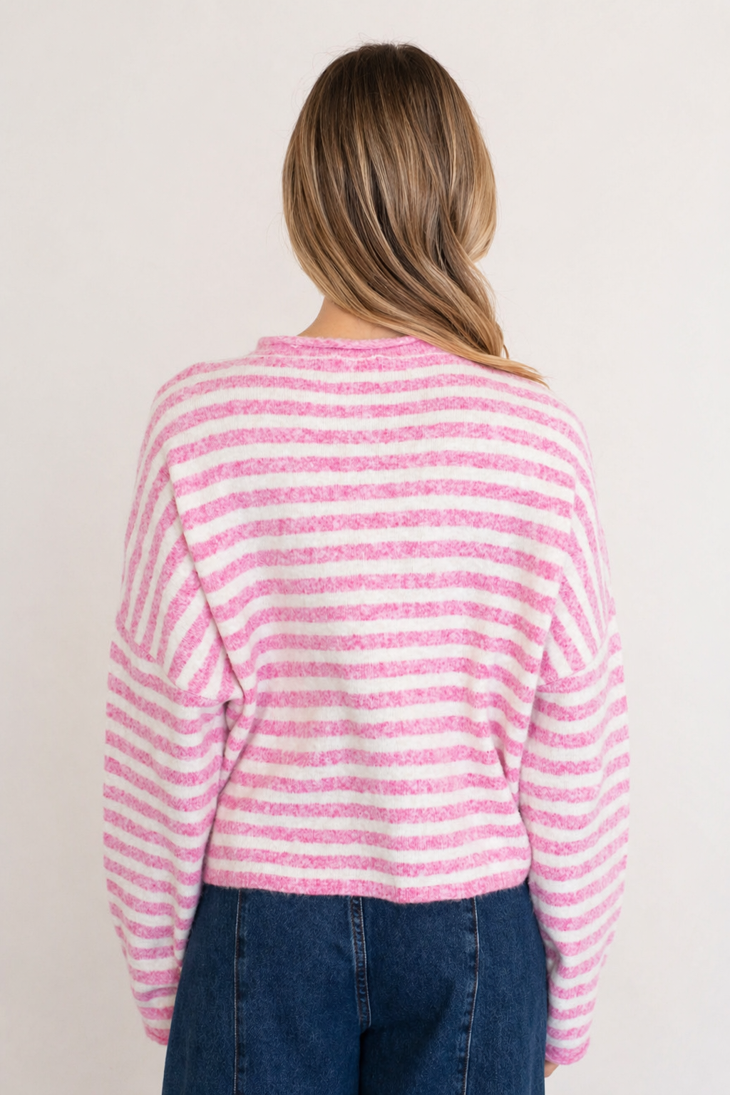 Hailey Button Down Cardigan in Striped Bubblegum back view, lightweight pink striped knit cardigan