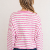 Hailey Button Down Cardigan in Striped Bubblegum back view, lightweight pink striped knit cardigan