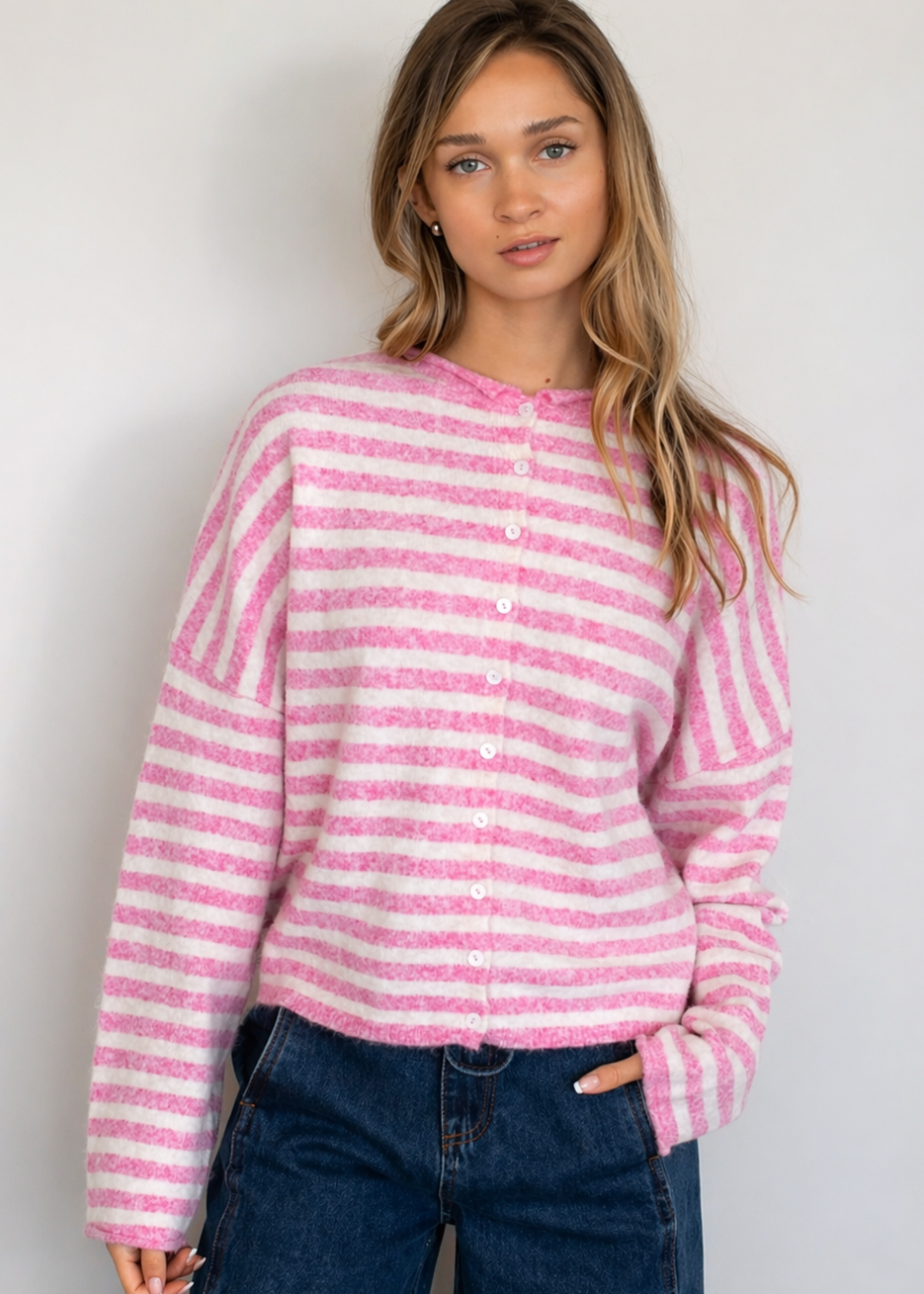 Things Between Piper Cardigan Striped Bubblegum Pink - front view