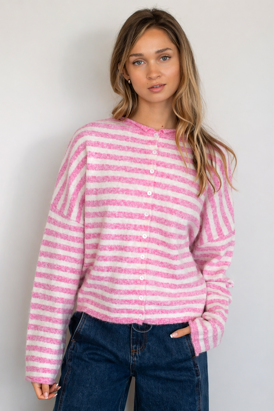 Hailey Button Down Cardigan in Striped Bubblegum front view, soft lightweight pink striped knit cardigan for women