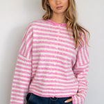 Hailey Button Down Cardigan in Striped Bubblegum front view, soft lightweight pink striped knit cardigan for women