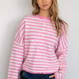 Hailey Button Down Cardigan in Striped Bubblegum front view, soft lightweight pink striped knit cardigan for women