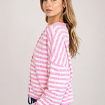 Hailey Button Down Cardigan in Striped Bubblegum side view, soft button-down striped cardigan for women