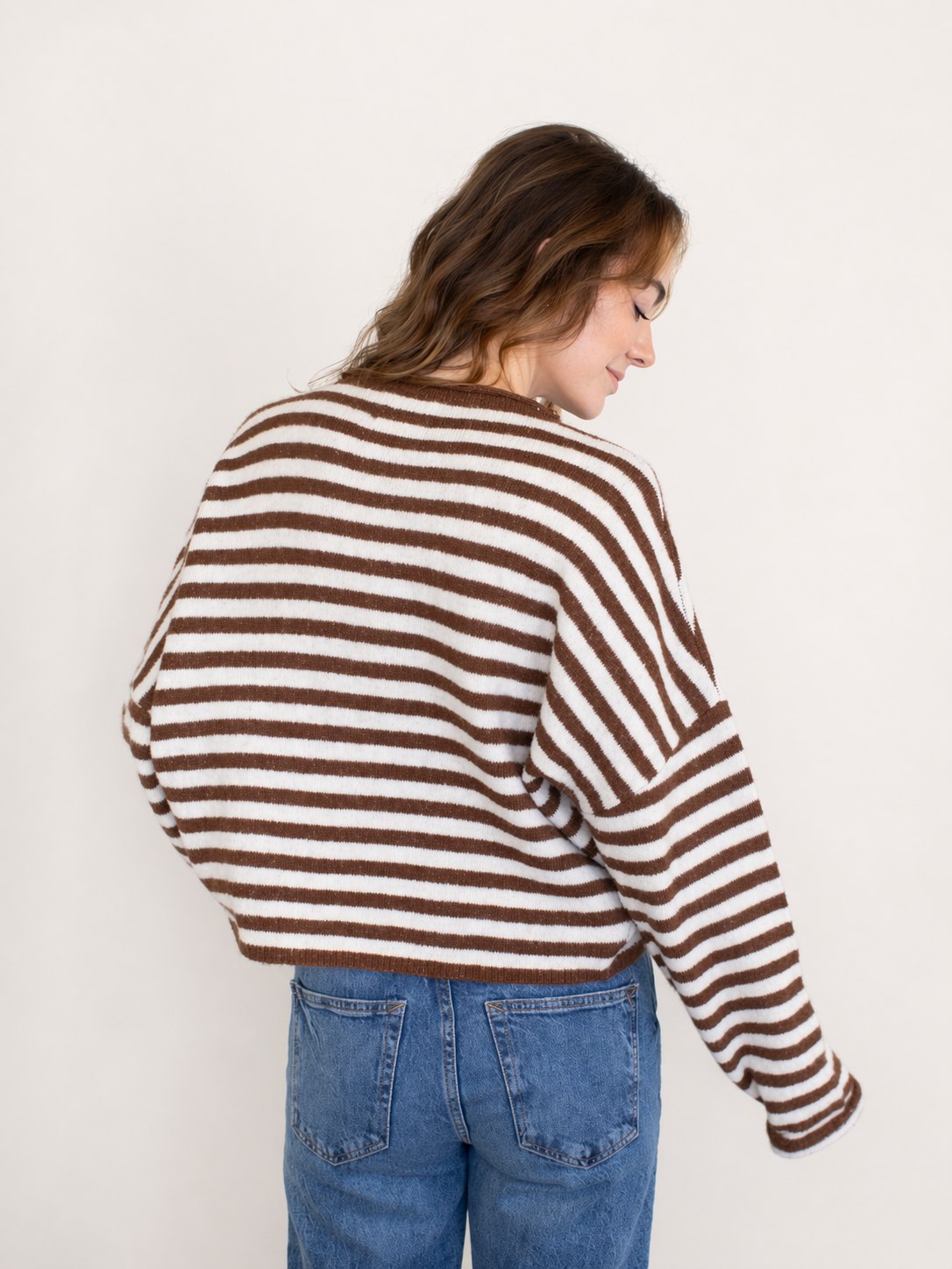 Hailey Button Down Cardigan in Ivory Brown Stripe back view, cozy button-down striped cardigan for everyday wear