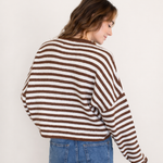 Hailey Button Down Cardigan in Ivory Brown Stripe back view, cozy button-down striped cardigan for everyday wear