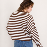 Hailey Button Down Cardigan in Ivory Brown Stripe back view, cozy button-down striped cardigan for everyday wear