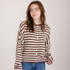 Hailey Button Down Cardigan in Ivory Brown Stripe front view, soft lightweight striped knit cardigan for women