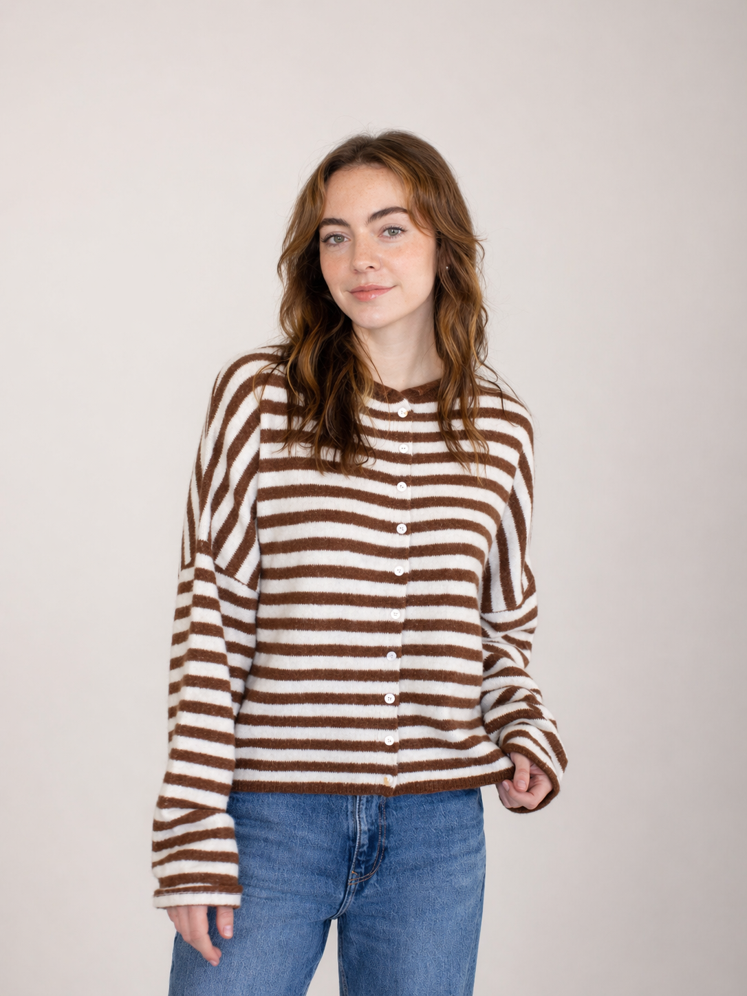 Hailey Button Down Cardigan in Ivory Brown Stripe front view, soft lightweight striped knit cardigan for women