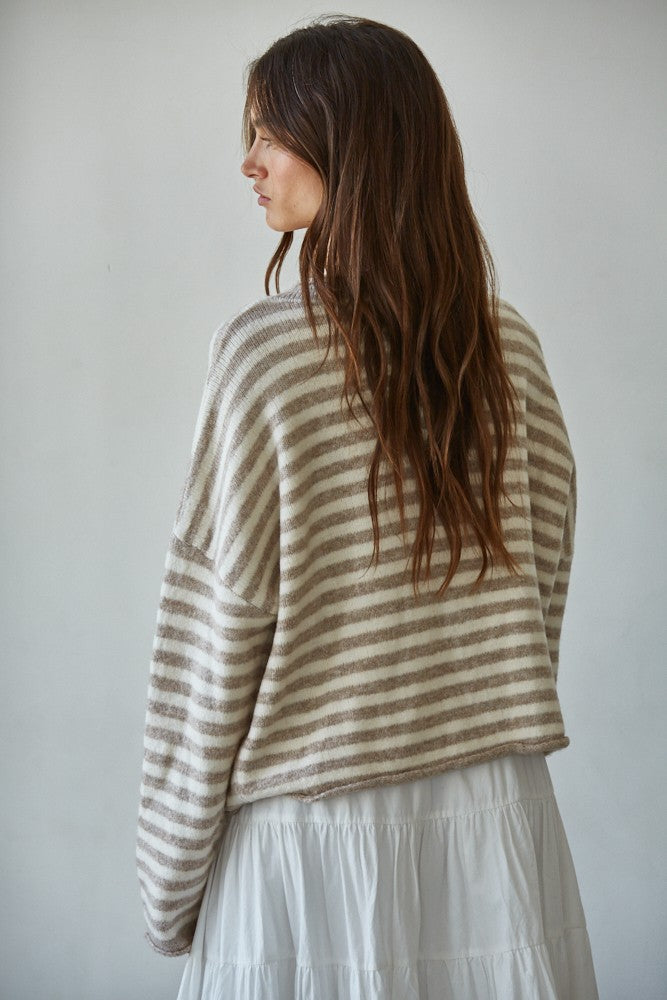 Back View if Hailey Button Down Cardigan in Taupe/Ivory