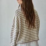 Back View if Hailey Button Down Cardigan in Taupe/Ivory