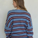 Back view of the Hailey Button Down Cardigan in Varsity Striped Dusty Blue