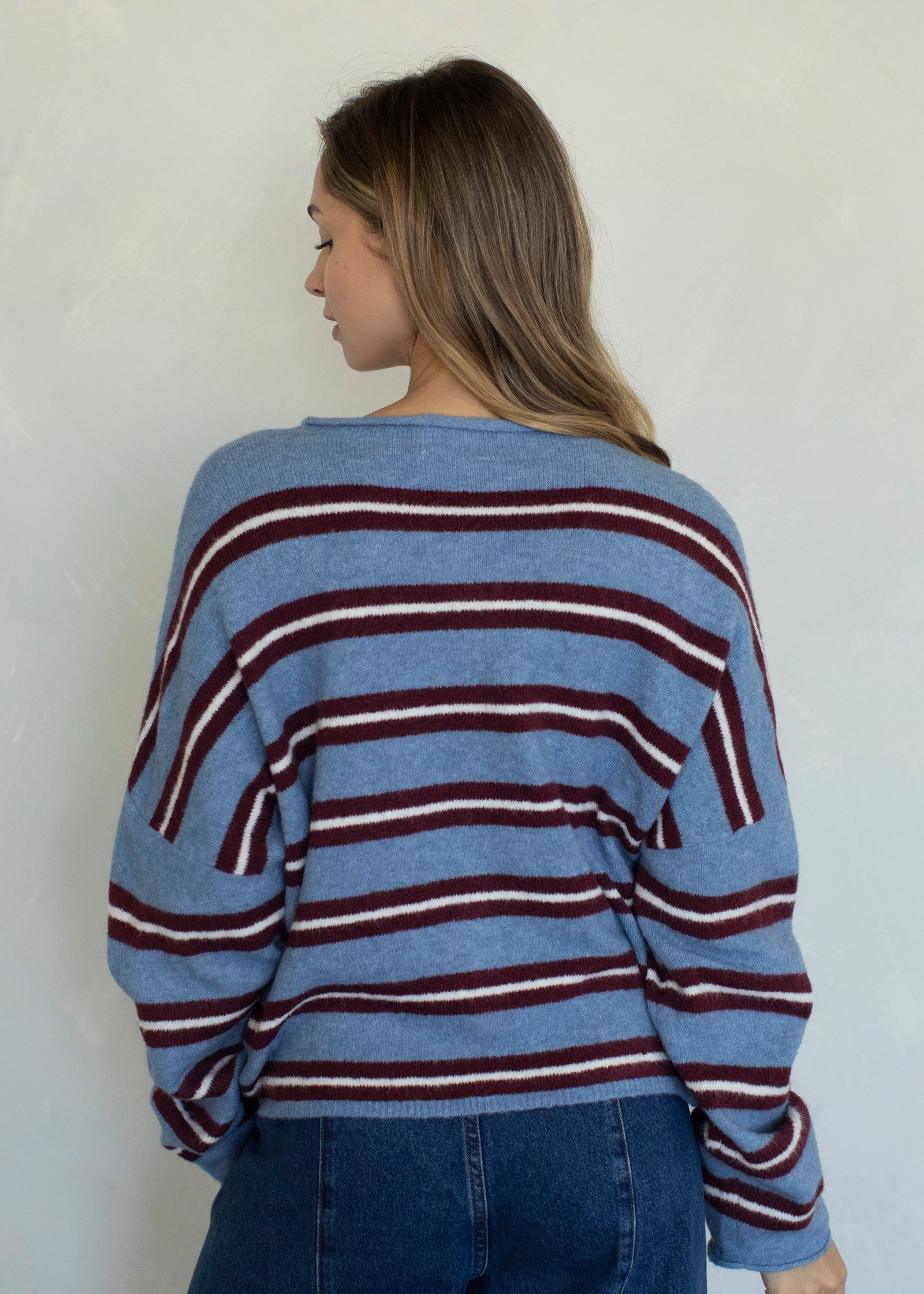 Things Between Piper Cardigan Varsity Striped Dusty Blue - back view