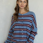 Hailey Button Down Cardigan in Varsity Striped Dusty Blue, front view