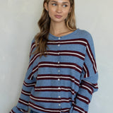 Hailey Button Down Cardigan in Varsity Striped Dusty Blue, front view