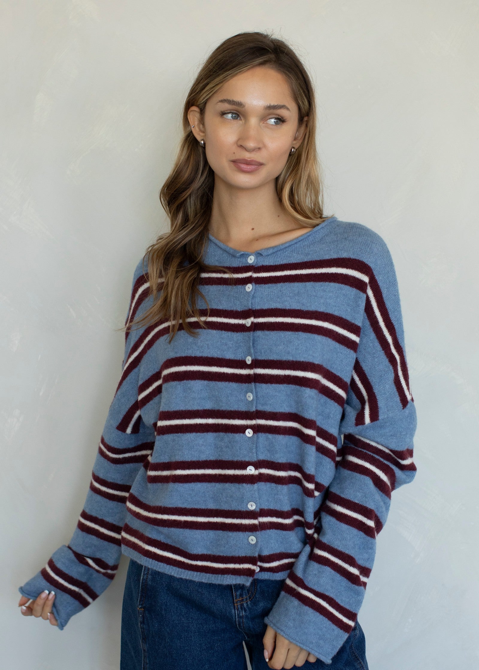 Things Between Piper Cardigan Varsity Striped Dusty Blue - front view