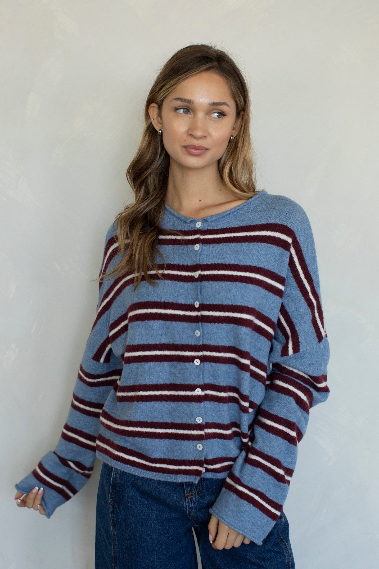 Hailey Button Down Cardigan in Varsity Striped Dusty Blue, front view