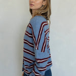 Side view of the Hailey Button Down Cardigan in Varsity Striped Dusty Blue