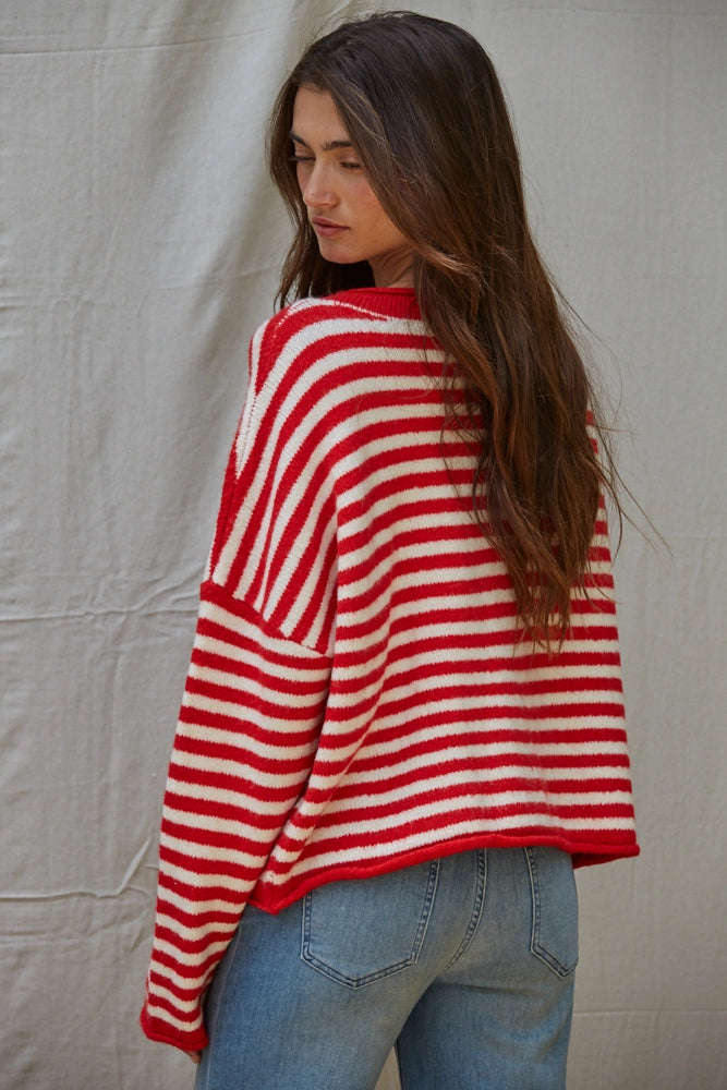 Back view of the Hailey Button Down Cardigan Warmth Edition in red and ivory