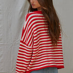 Back view of the Hailey Button Down Cardigan Warmth Edition in red and ivory