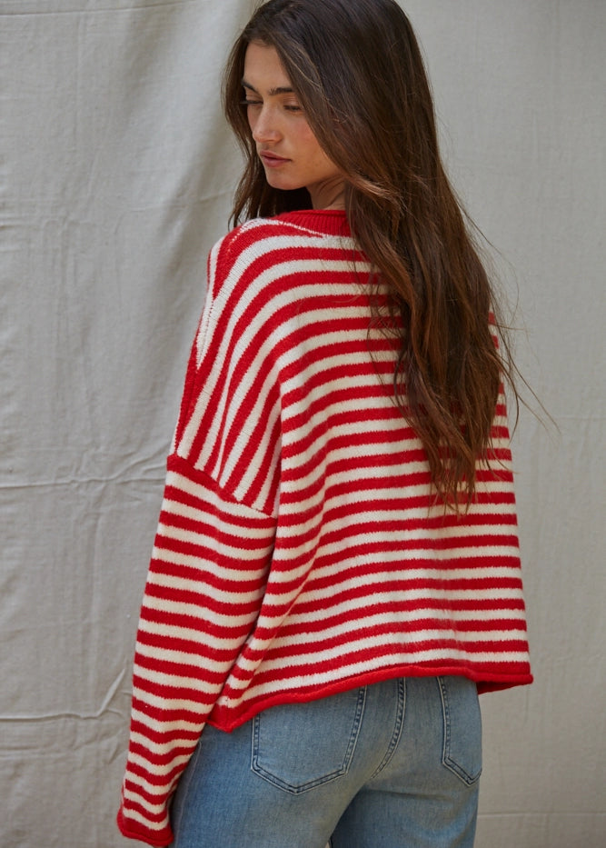 Back view of the Hailey Button Down Cardigan Warmth Edition in red and ivory