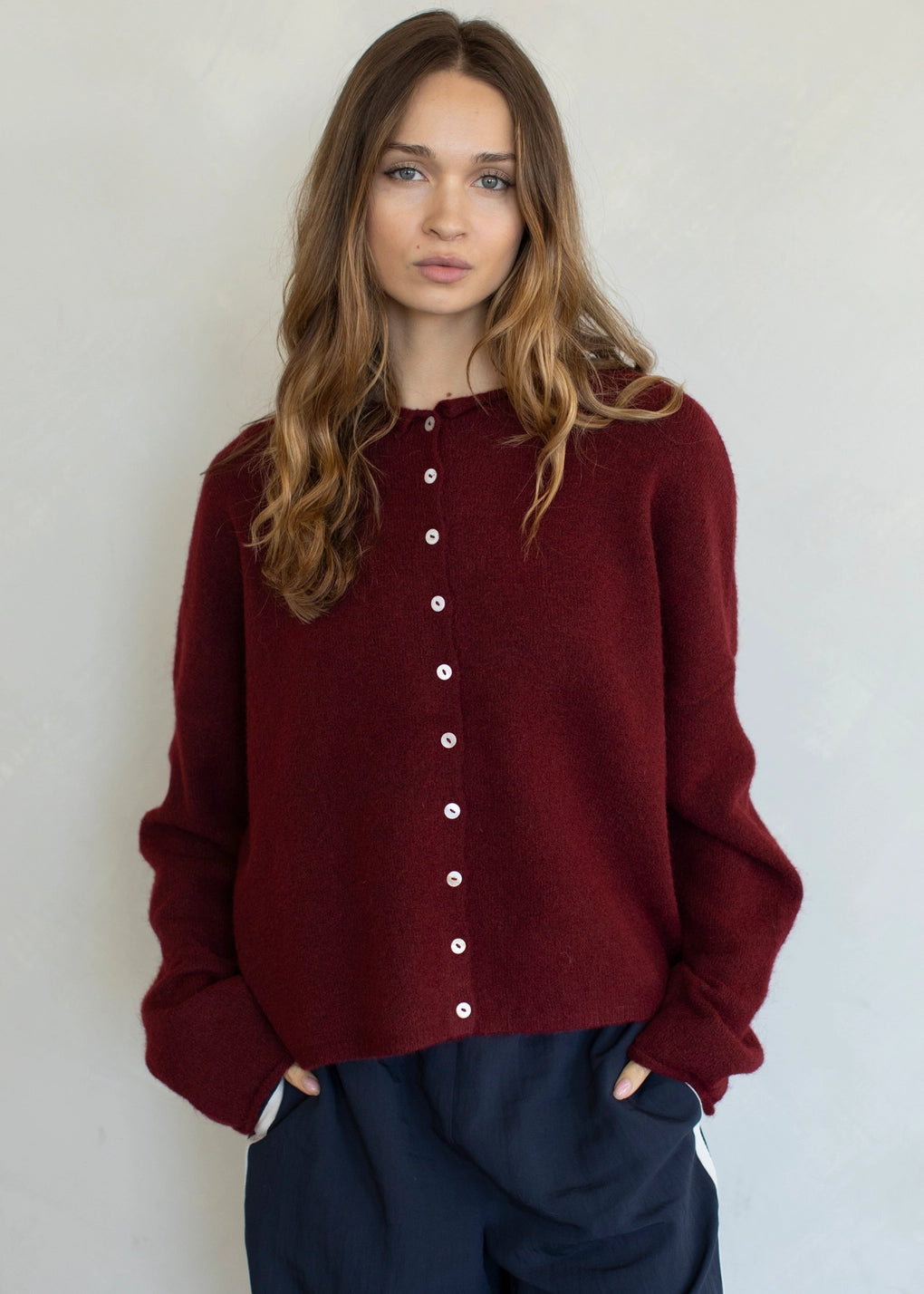 Things Between Piper Cardigan Wine - front view