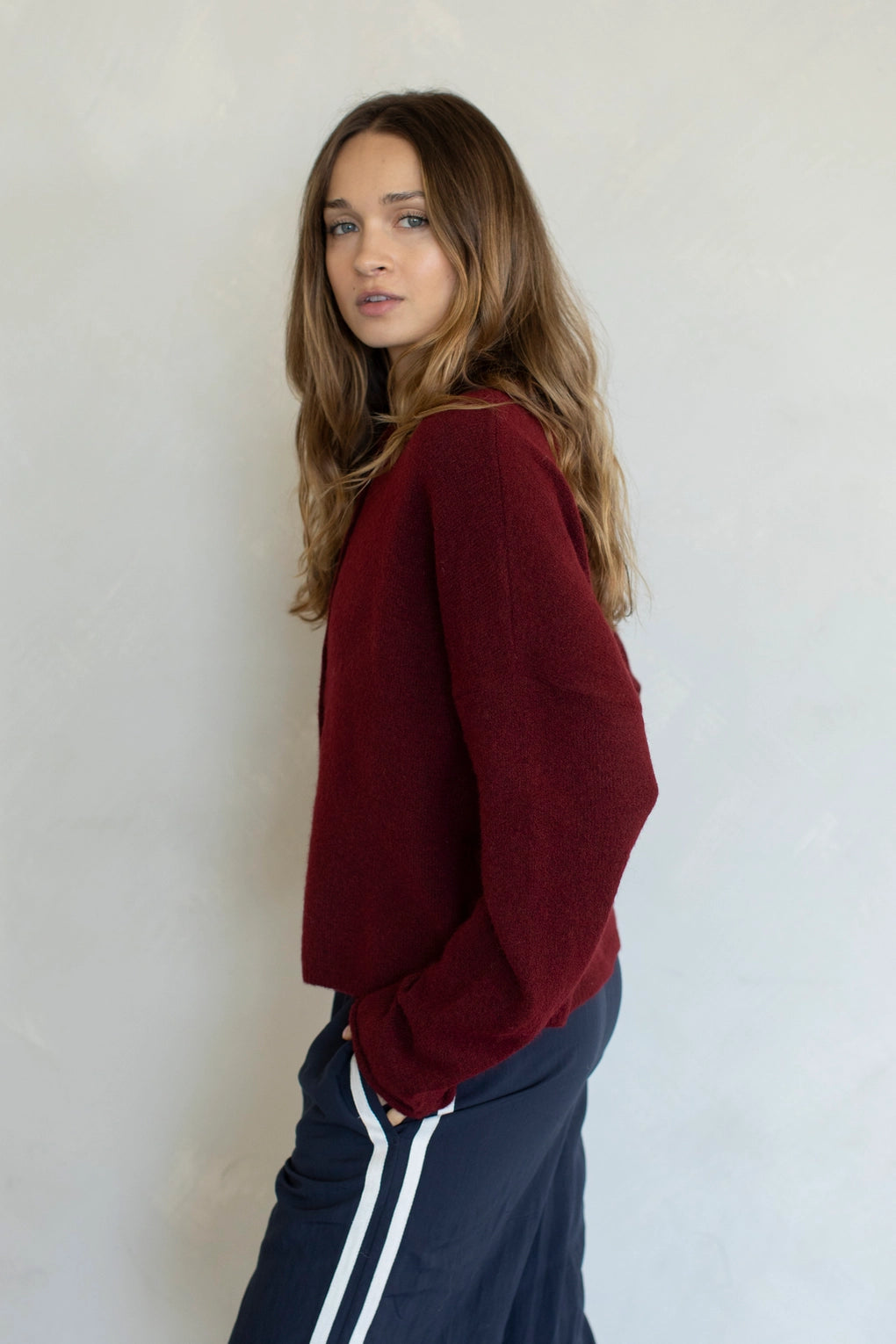 Hailey Button Down Cardigan in wine side view