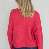 Back view of cherry red mini striped Hailey cardigan with soft lightweight knit