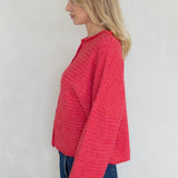 Side view of Hailey cardigan in cherry red mini stripe lightweight knit relaxed fit