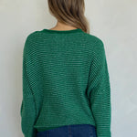 Back view of kelly green pin striped Hailey cardigan with soft lightweight knit