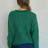 Back view of kelly green pin striped Hailey cardigan with soft lightweight knit