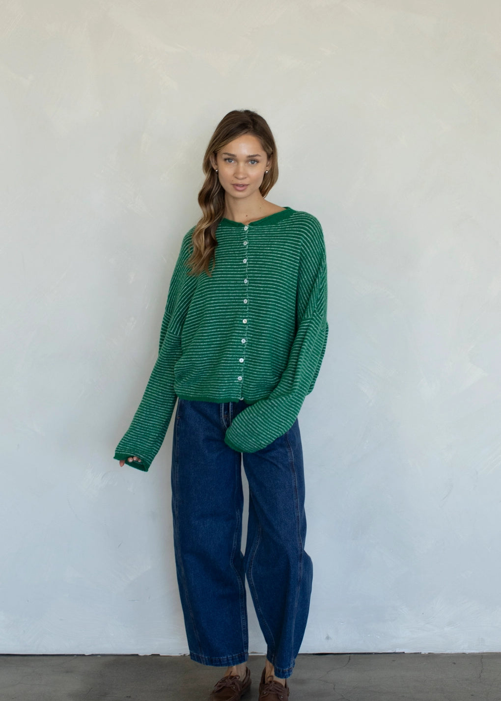 Things Between Piper Cardigan Pin-Striped Kelly Green - lifestyle front view