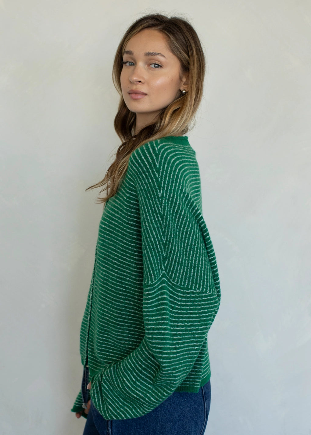 Things Between Piper Cardigan Pin-Striped Kelly Green - side view