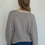 Back view of natural pin striped Hailey cardigan with soft lightweight knit