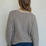 Back view of natural pin striped Hailey cardigan with soft lightweight knit