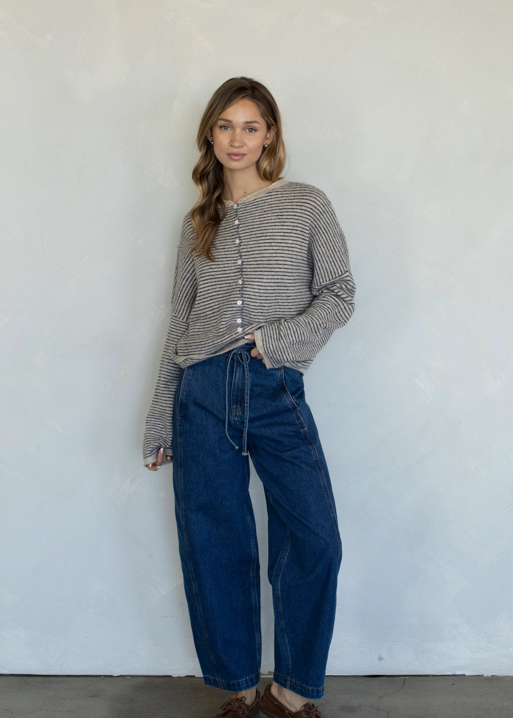 Things Between Piper Cardigan Pin-Striped Natural - front view - full outfit