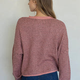 Back view of rose pin striped Hailey cardigan with soft lightweight knit