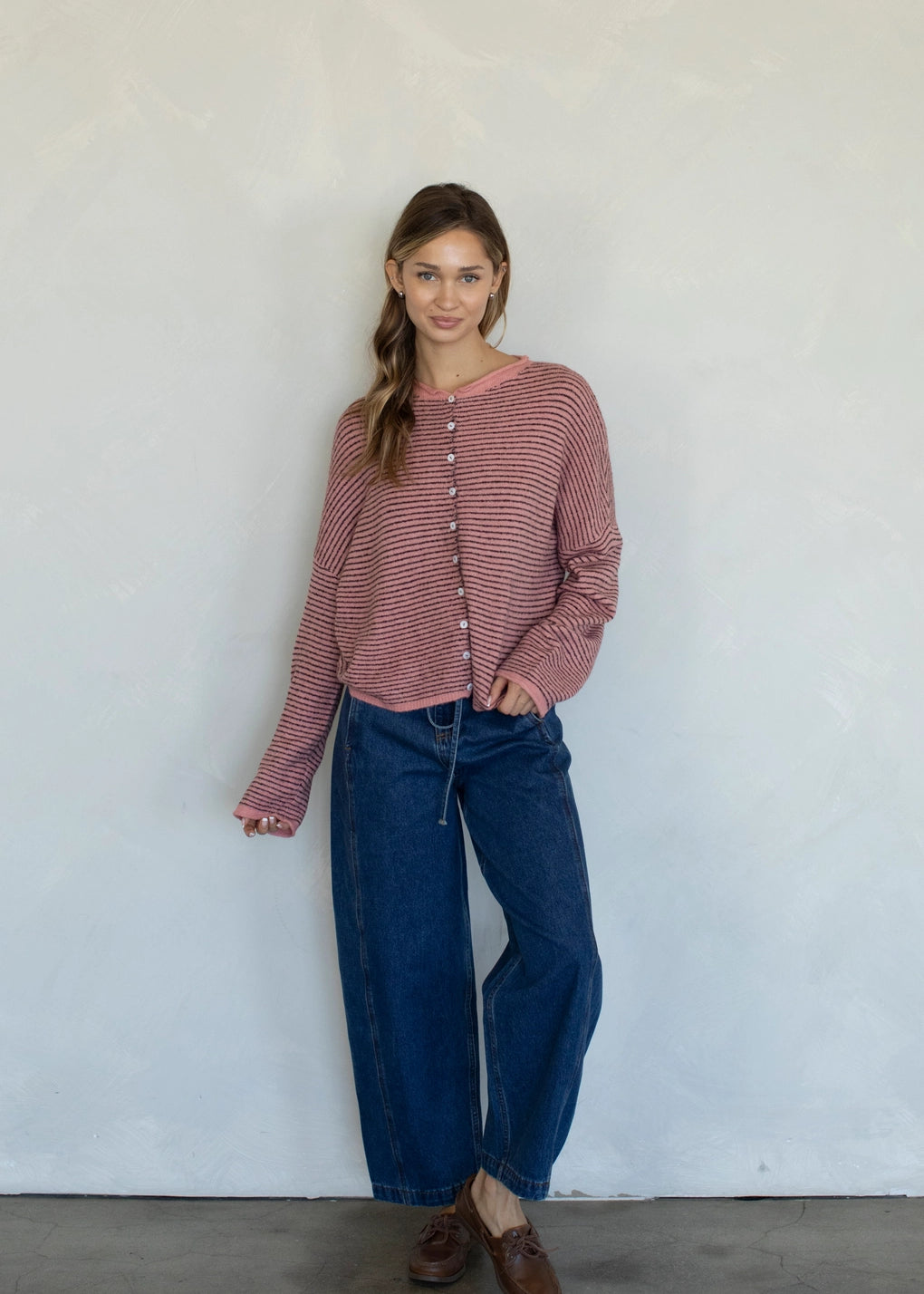 Things Between Piper Cardigan Pin-Striped Rose - front view - full outfit