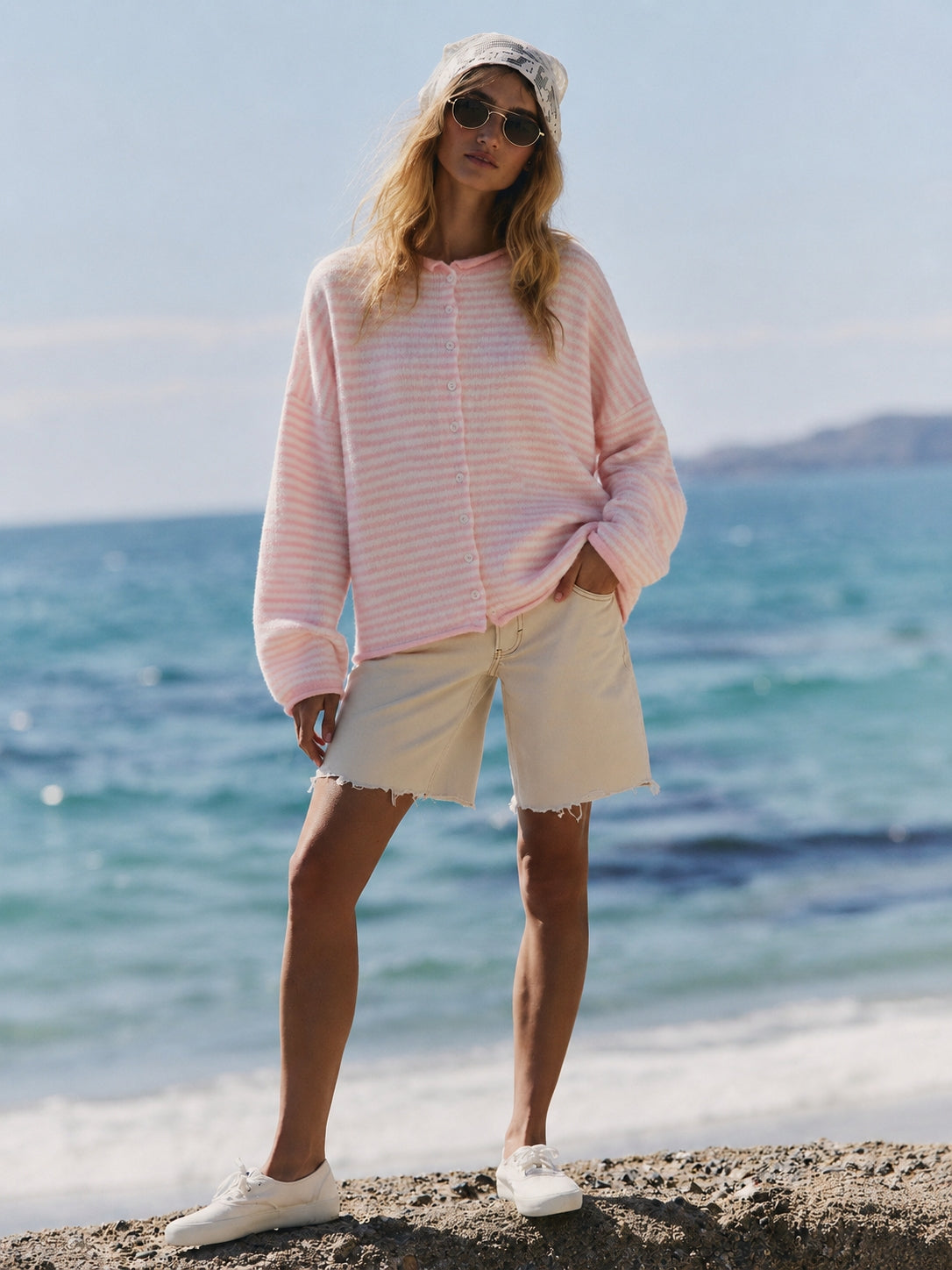 Things Between Piper Cardigan Mini Stripe Pink - full outfit view